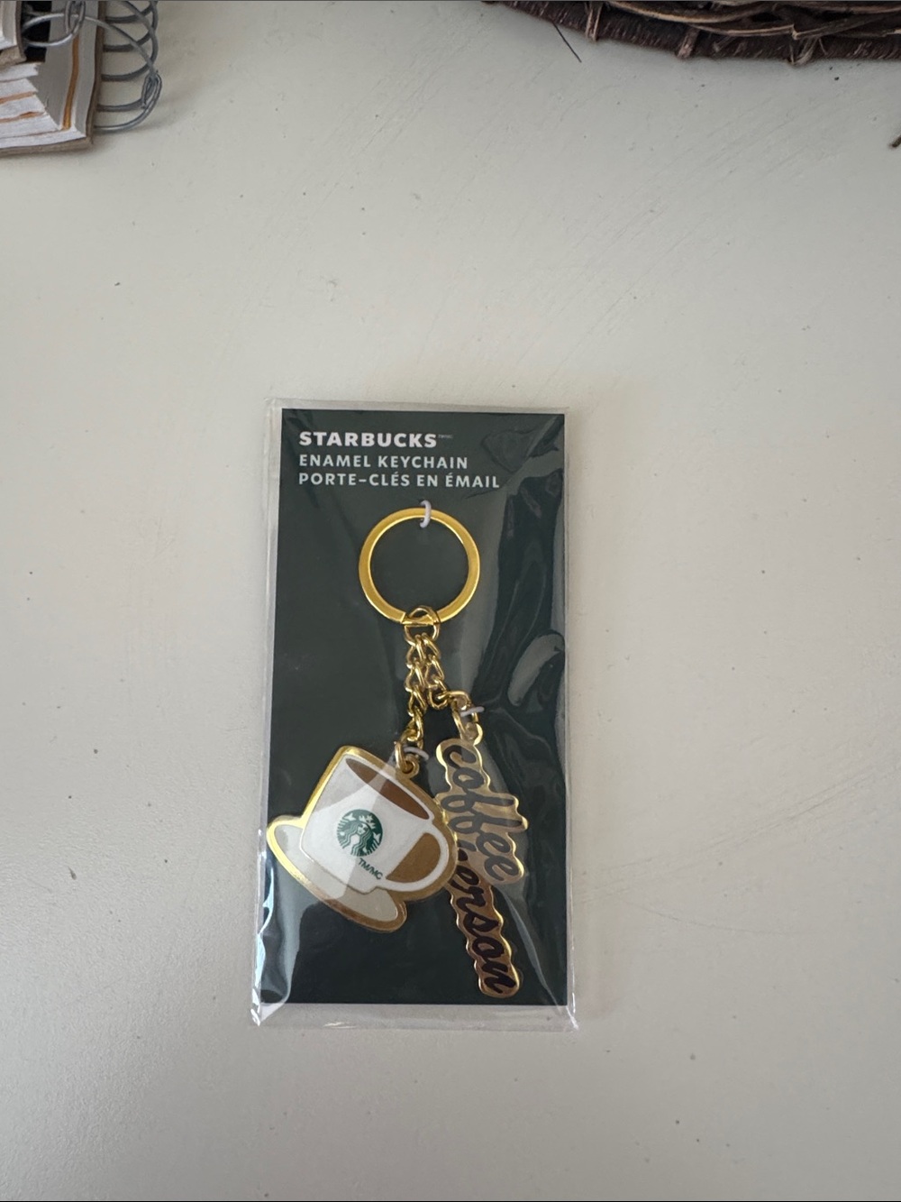 Starbucks Gold & White Enamel Coffee Cup Keychain with Green Logo